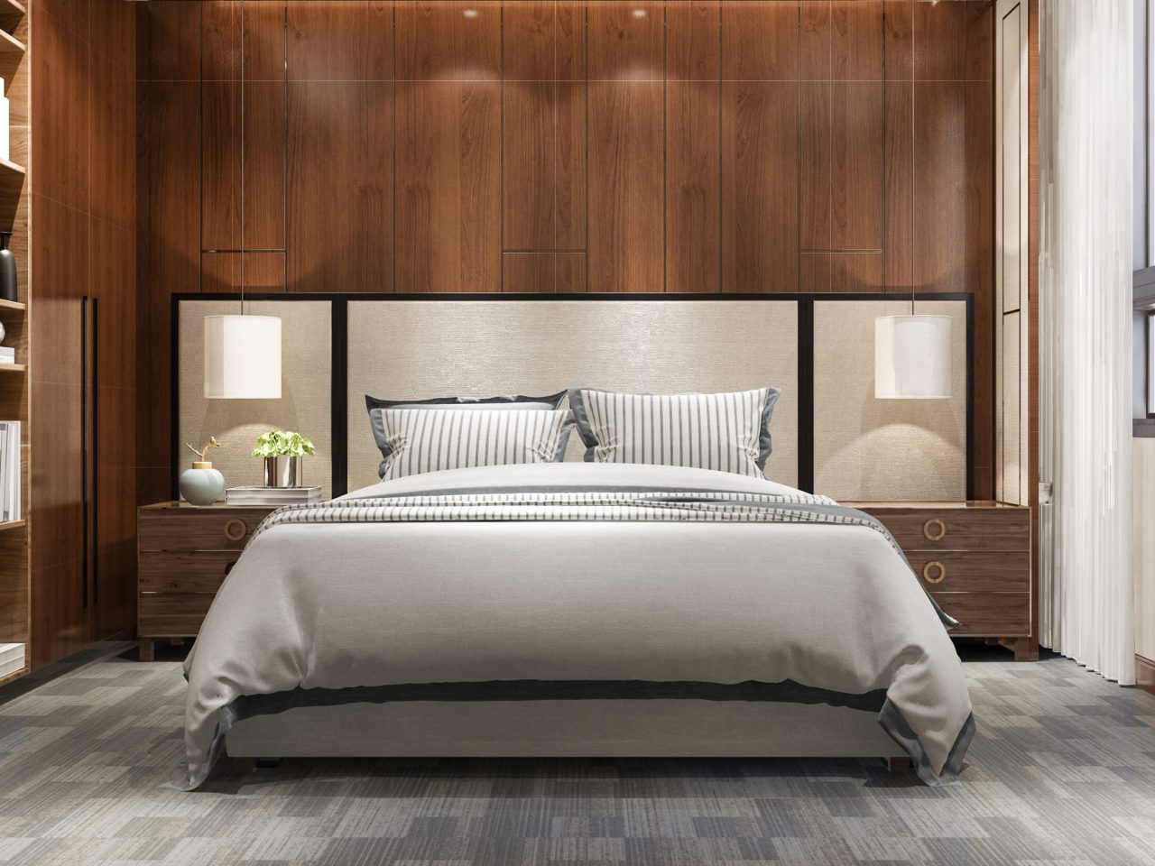 3d rendering luxury bedroom suite in hotel with tv and cabinet and wardrobe