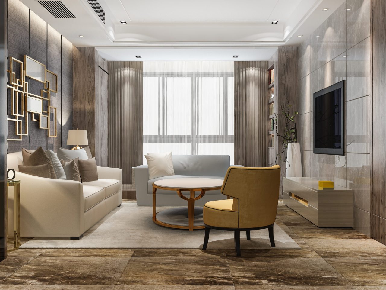 3d rendering luxury and modern living room with fabric sofa